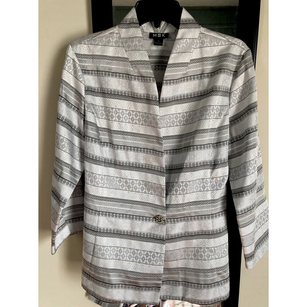 MSK Women’s Dress Jacket Silver & White Large Tie Back Rhinestone Button Front